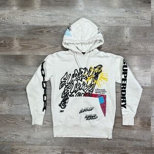 Vintage Superdry Sweatshirt Hoodie Surplus White Graffiti Retro Size XS - Pictu